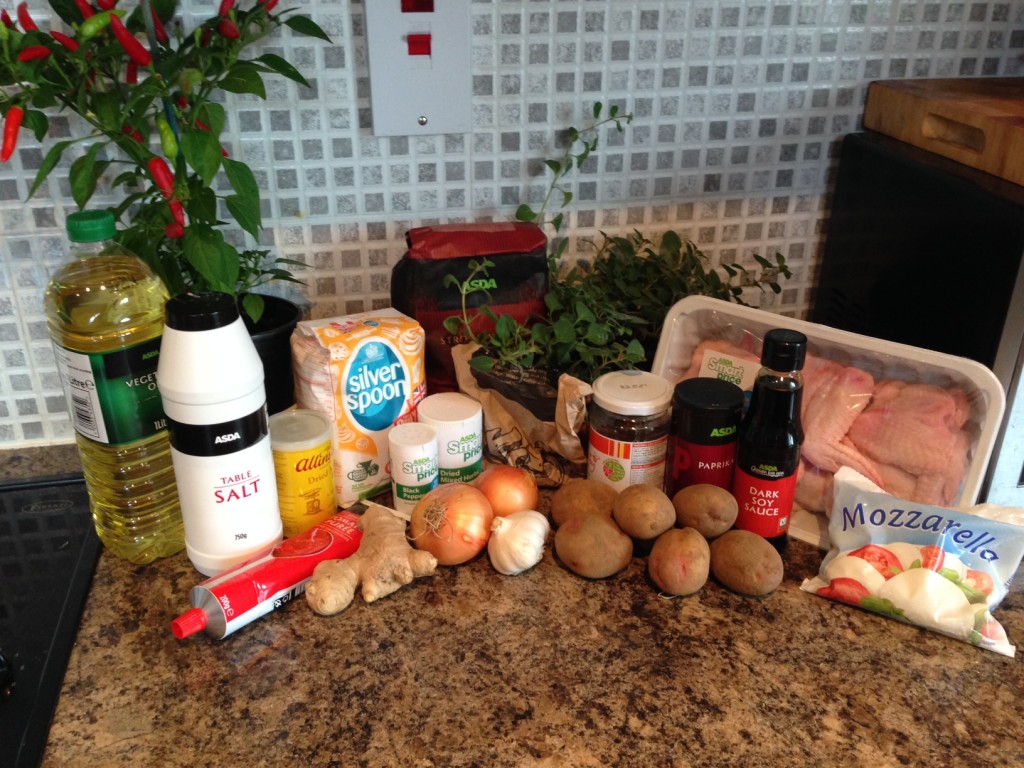 Ingredients for Pizza, Chicken Wings and Potato Wedges