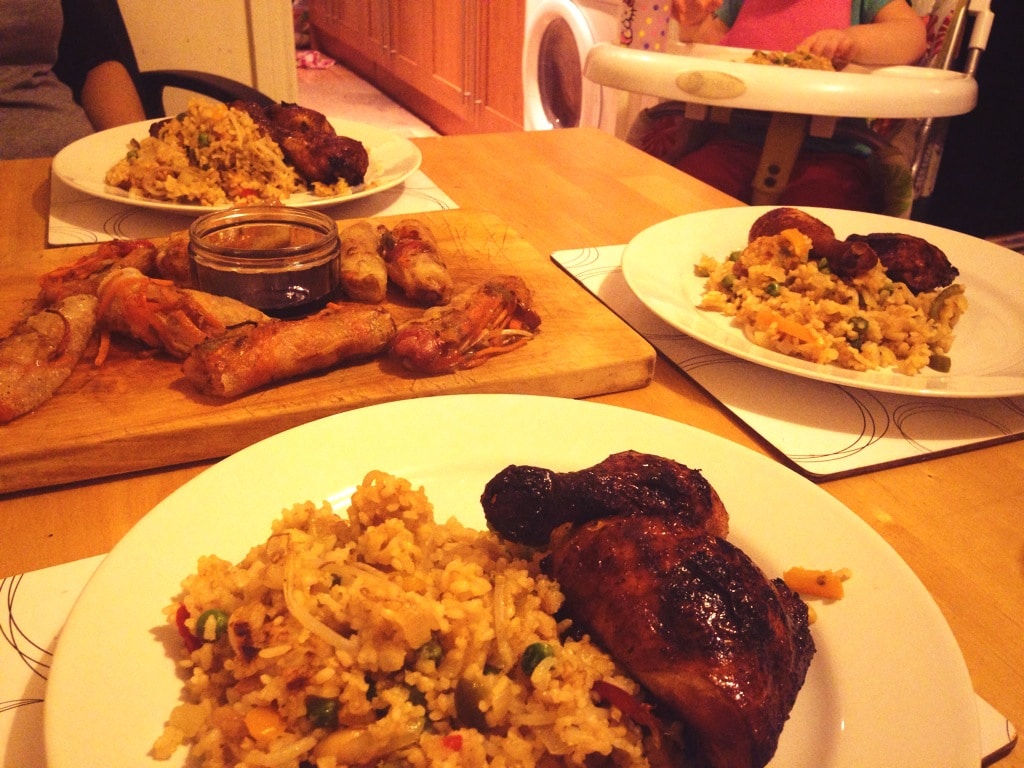 Chinese Roasted Chicken, Vegetable Fried Rice and Spring Rolls 