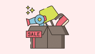 cartoon of a cardboard box with a sale sign next to it