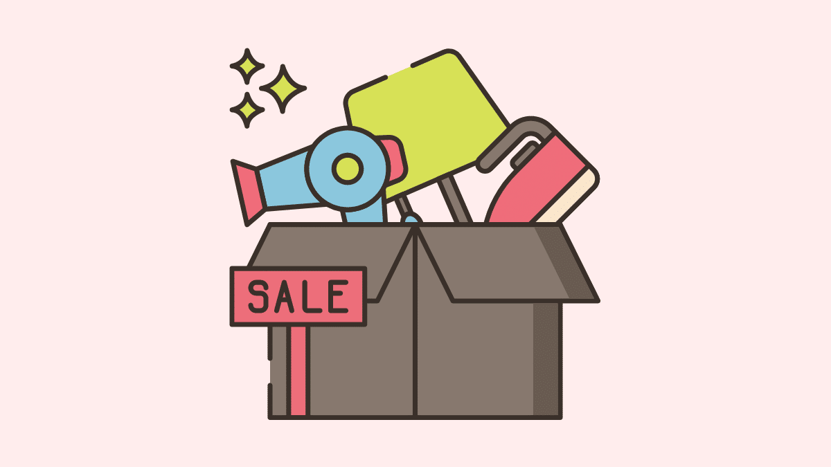 cartoon of a cardboard box with a sale sign next to it