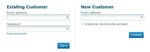 O2 Recycle account sign up 