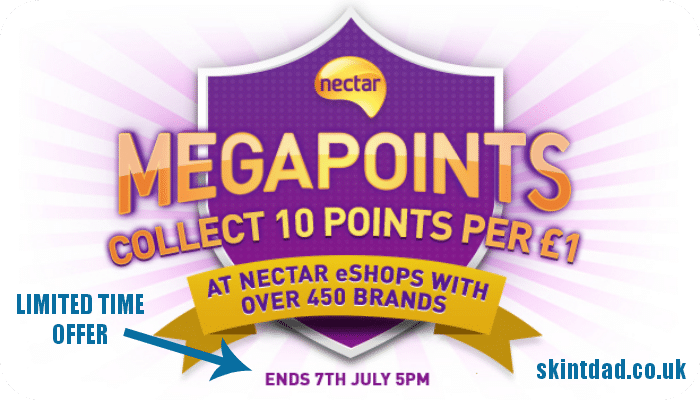Nectar eShops are running a mega deal. For the next six days (until 7 July 2014 at 5pm), when you spend £1 they will reward you with 10 Nectar points and there are over 450 online retailers who are taking part in this promotion.