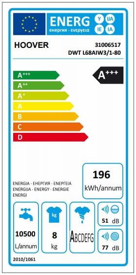 Hoover Wizard DWTL610AIW3 has an A+++ energy efficiency rating!