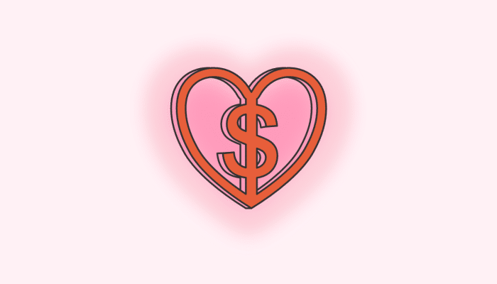 drawing of a red heart with currency in the middle, on a light pink background.