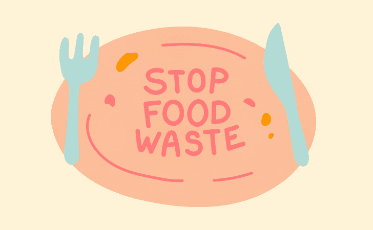 cartoon graphic stop food waste written on plate