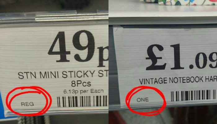 Price tags showing one offs and regular items