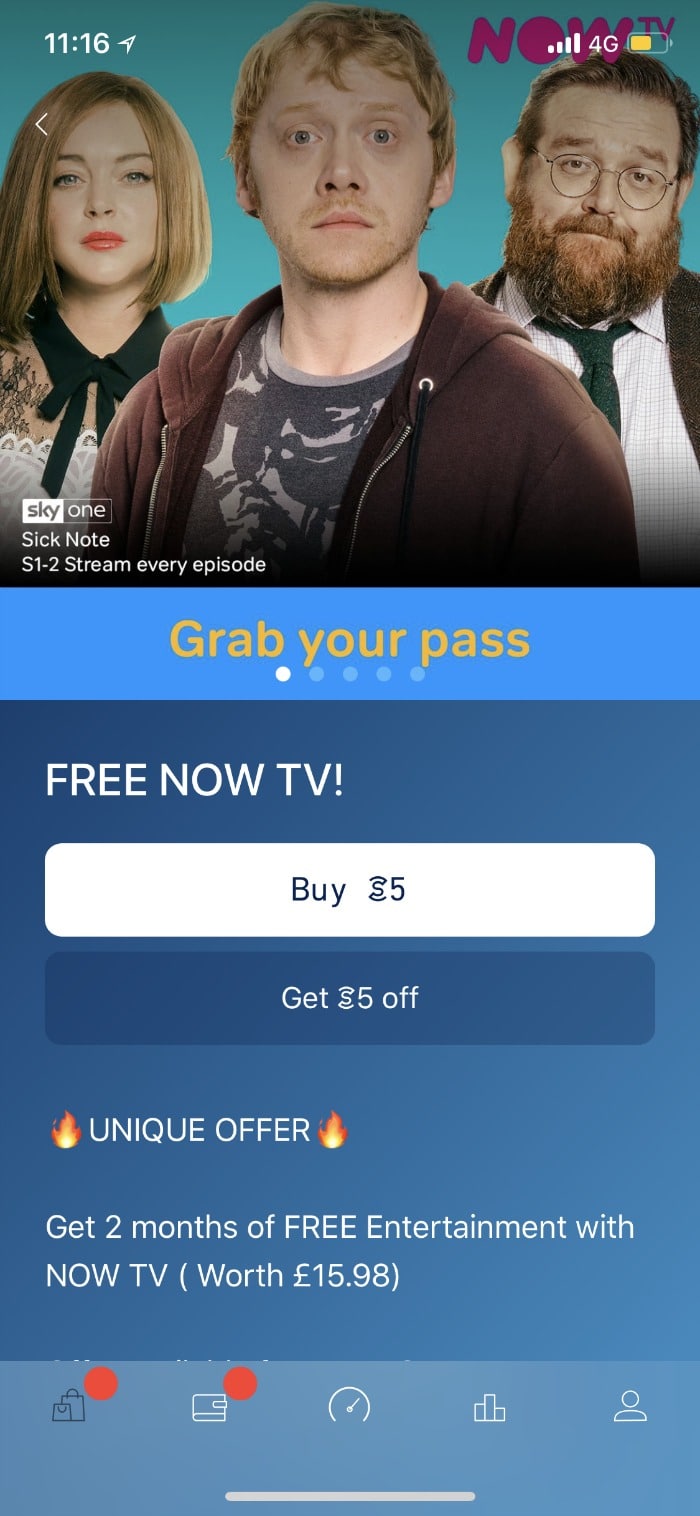 free NOT TV entertainment pass on Sweatcoin