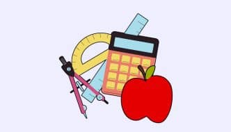 cartoon of school maths equipment and an applie