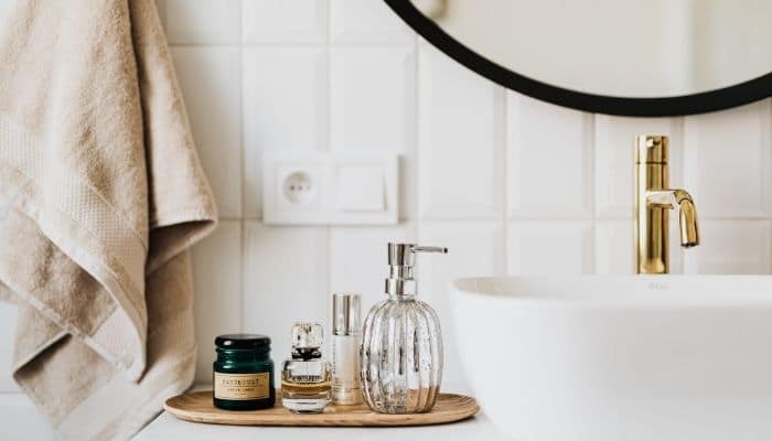 bottles next to a sink