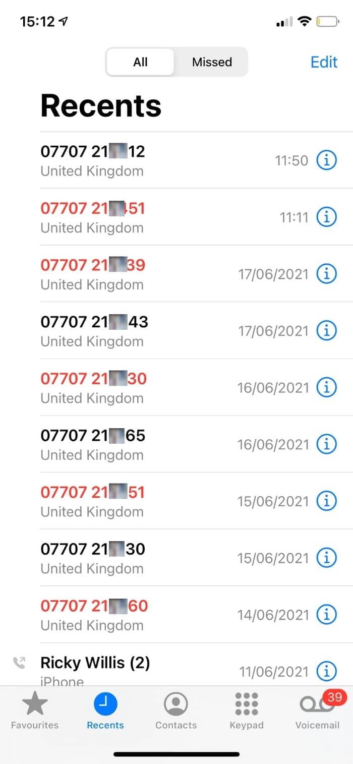 recent call list showing similar numbers to mine