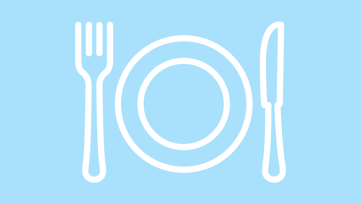 cartoon of a knife and fork set up next to a plate on a light blue background
