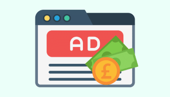 cartoon of an advert on a browser, with money on top of the screen