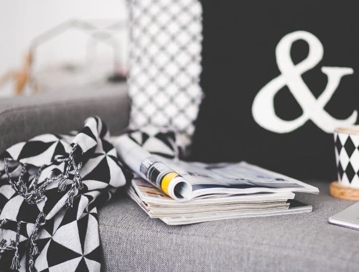 magazines on a sofa