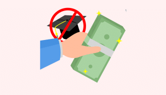 cartoon of a hand holding money. Behind it is a graduation hat with a no symbol over it