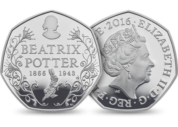 heads and tales view of the Beatrix Potter 50p coin from 2016