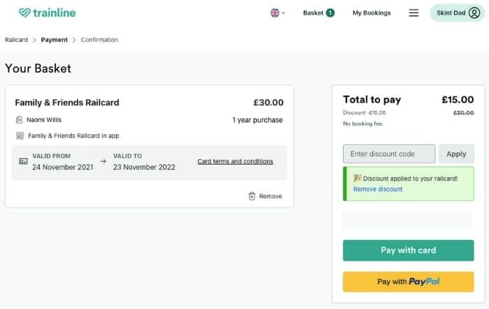 screen shot of trainline discount code