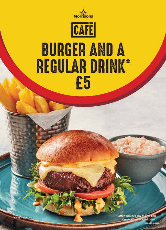morrisons cafe burger and a drink graphic