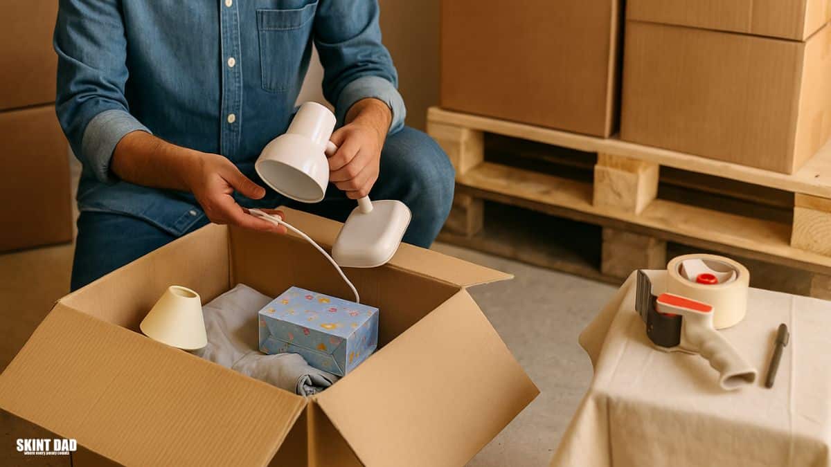 Person checking items from a return pallet inside a garage before reselling them.