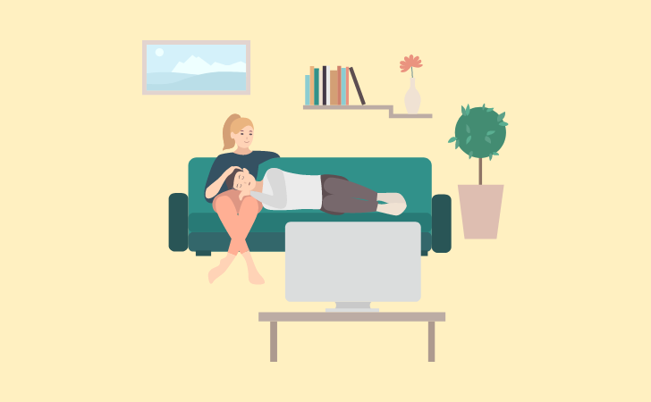 cartoon graphic of couple sitting on a sofa watching TV