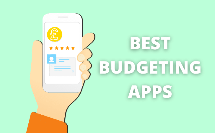cartoon graphic, hand holding a phone with a highly rated money app on a green background, with the words best budgeting apps