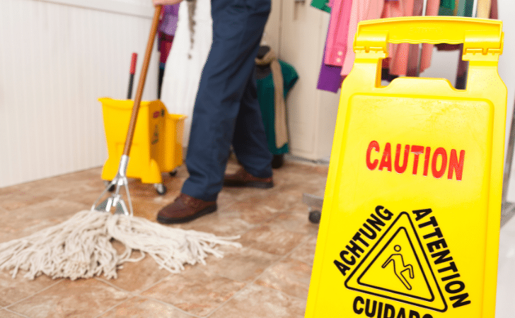 caution sign close up in the front right with a person mopping the floor at the back left