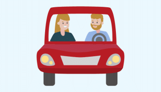 cartoon of a red car with two passengers