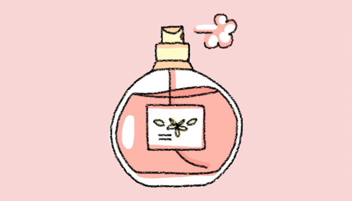 cartoon graphic of eau de parfum on a pink background