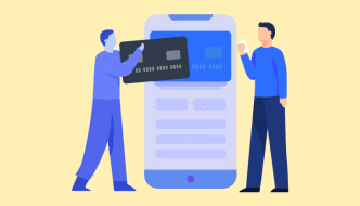 cartoon graphic of two people with debit cards and phone