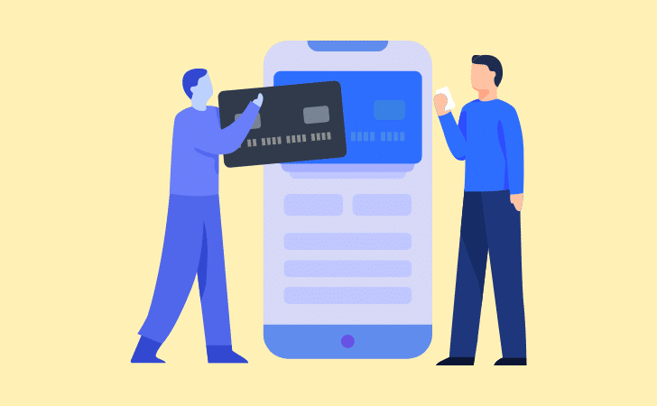 cartoon graphic of two people  with debit cards and phone