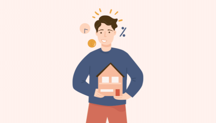 cartoon of a man holding a miniature house looking mildly confused