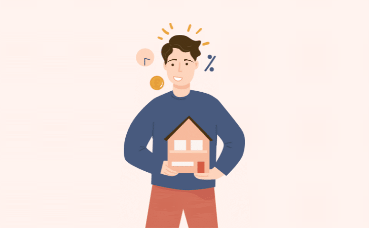 cartoon of a man holding a miniature house  looking mildly confused