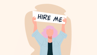 graphic of a woman holding a hire me sign