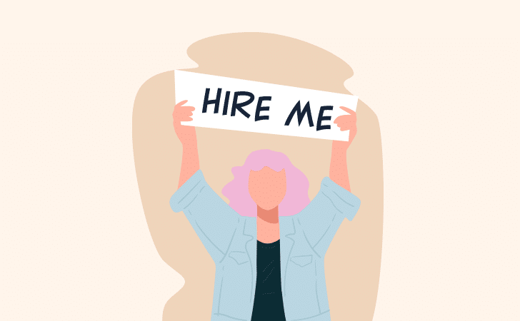 graphic of a woman holding a hire me sign