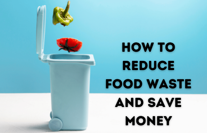 small wheelie bin with scraps of food falling in, with the words "how to reduce food waste and save money"