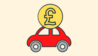 cartoon graphic of a red car with a large pound coin on its roof on a pale yellow background
