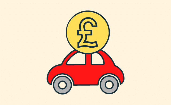 cartoon graphic of a red car with a large pound coin on its roof on a pale yellow background