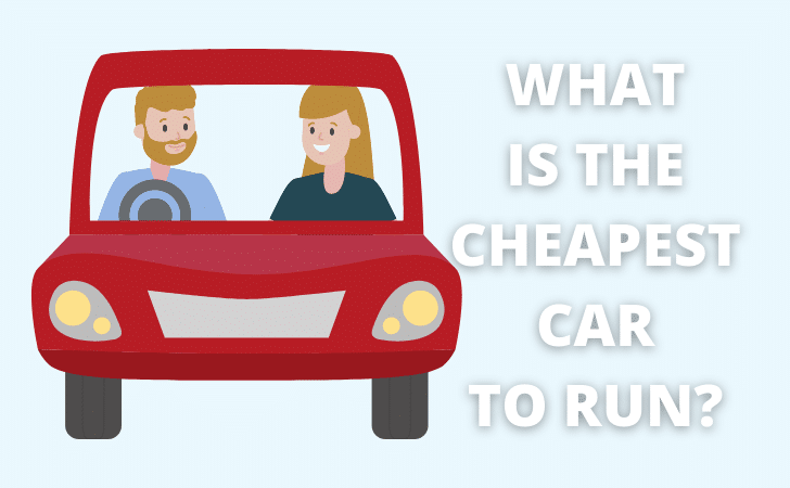 cartoon of a red car with two passengers on the right with the words "what is the cheapest car to run?"