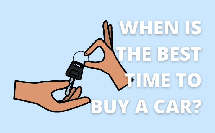 cartoon hand passing a car key to another, with the words "When is the best time to buy a car?"