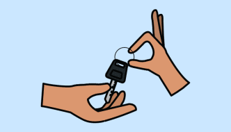 cartoon hand passing a car key to another