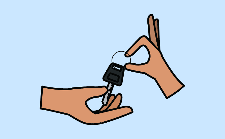 cartoon hand passing a car key to another