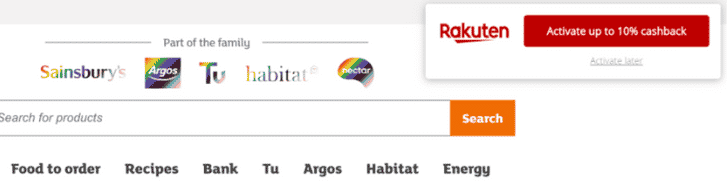 Rakuten activate toolbar button on Sainsburys