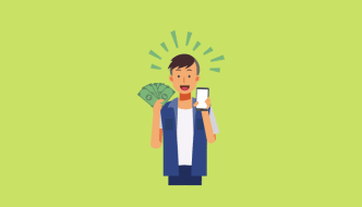 cartoon of a man holding a wad of cash and a phone, while looking excited