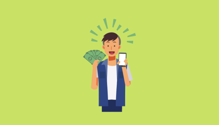 cartoon of a man holding a wad of cash and a phone, while looking excited