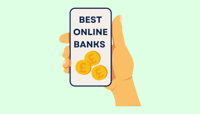 graphic hand holding a phone with three coins on the screen and the words "best online banks"