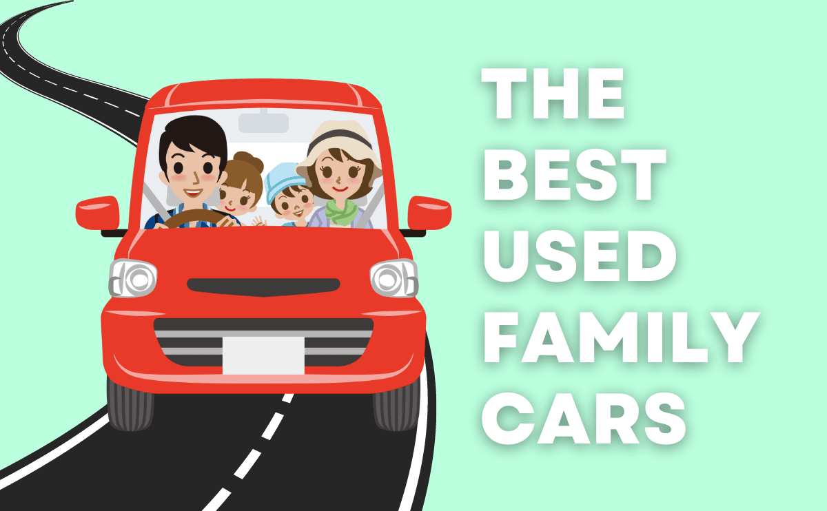cartoon family driving red car, with the words The best used family cars