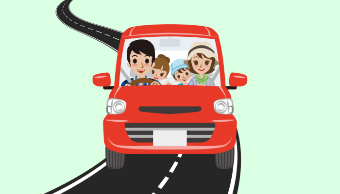 cartoon family driving red car