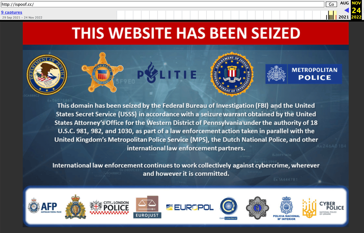 ispoof website holding page showing the site has been seized by the FBI