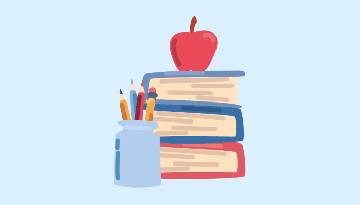 cartoon of a pile of books with an apple top