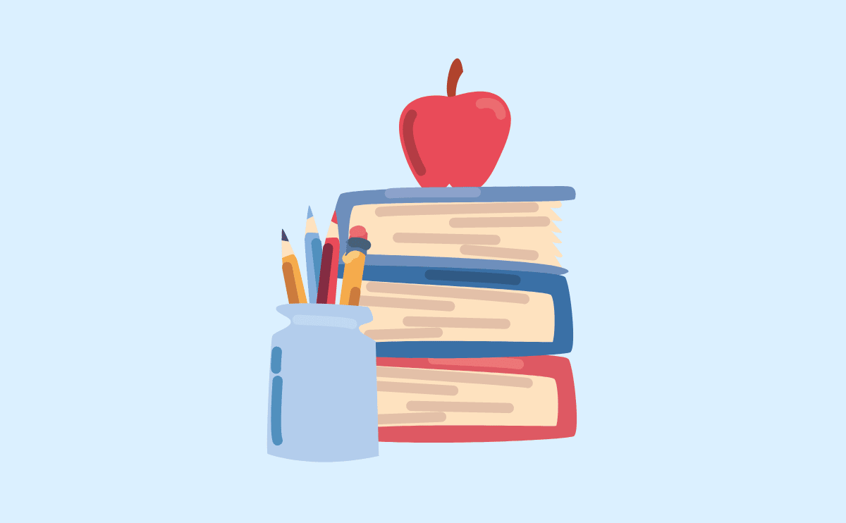 cartoon of a pile of books with an apple top