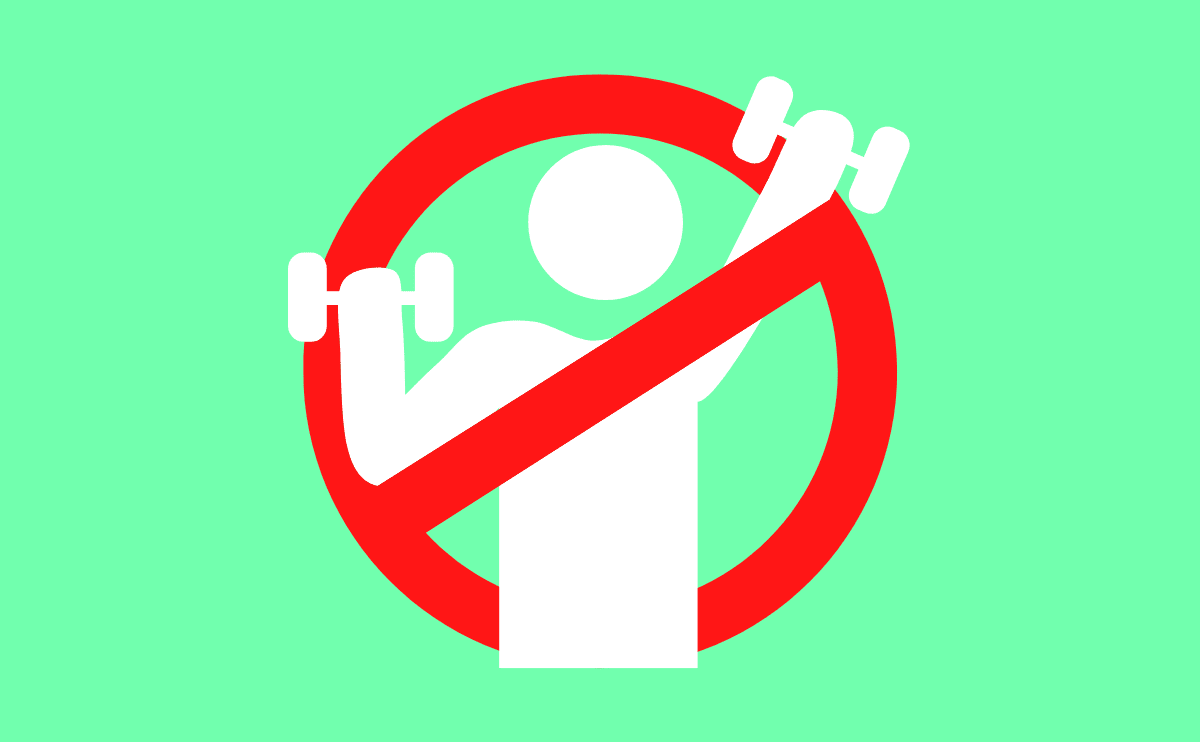 cartoon of a person lifting weights with a stop/cancel sign over them